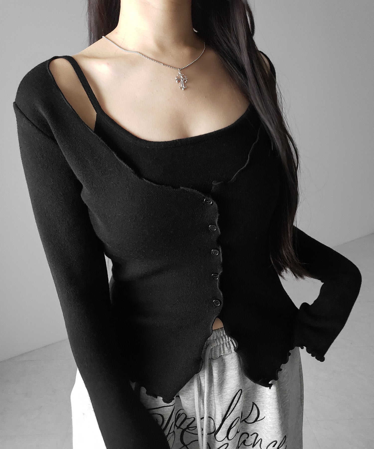 レイヤード風メロースリムニットカーディガン ／ layered mellow slim knit cardigan