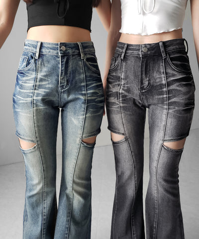 【 ２color ／ ３size 】カットアウトヴィンテージストレッチフレアデニム ／ cutout vintage stretch flare denim