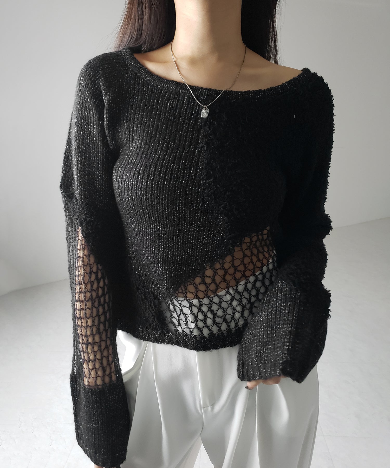 【 ２color 】異素材ドッキングスカシアミニットトップス ／ mixed material docking openwork knit tops