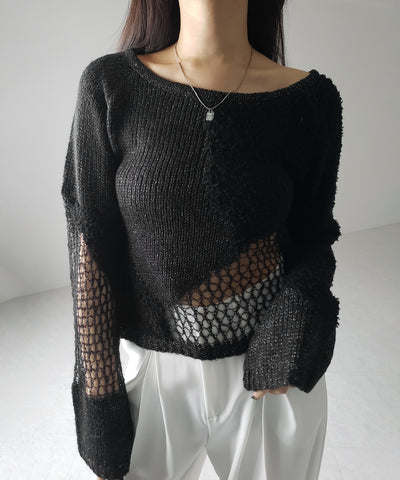 【 ２color 】異素材ドッキングスカシアミニットトップス ／ mixed material docking openwork knit tops