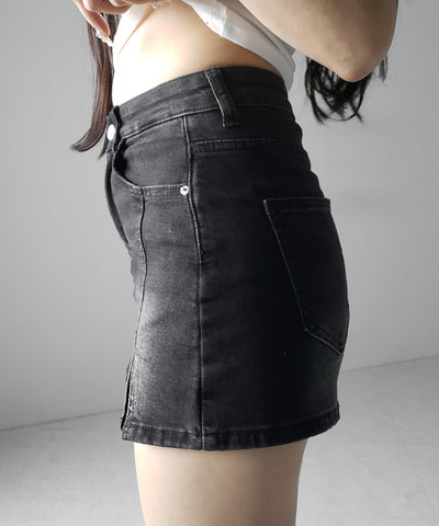 ミニスリットストレッチレイヤードデニムミニスカパン ／ mini slit stretch layered denim mini skirt pants