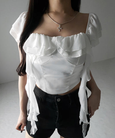 【 ２color ／ ２WAY 】シアーフリルコルセットサテンショートブラウス ／ sheer frill corset satin short blouse