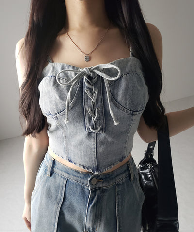 【 ２color 】レースアップリボンコルセットデニムビスチェ ／ lace up ribbon corset denim bustier