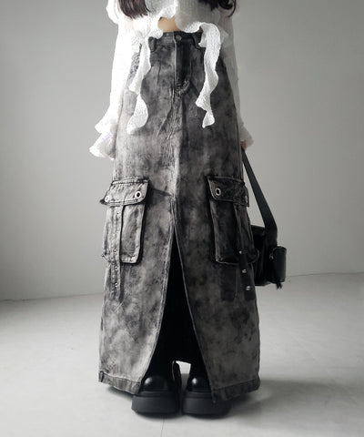 【 ３SIZE 】クラッシュブリーチセンタースリットカーゴデニムスカート ／ crash bleach center slit cargo denim skirt