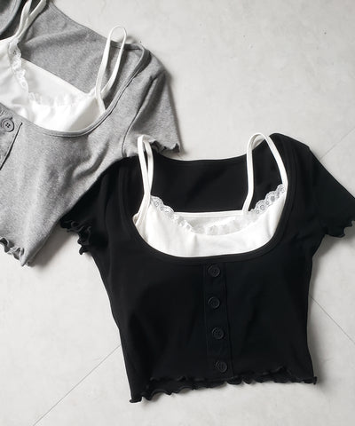 【 ２点セット 】レイヤードレースキャミソール ＋ スクエアネックフロントボタンTシャツ SET
