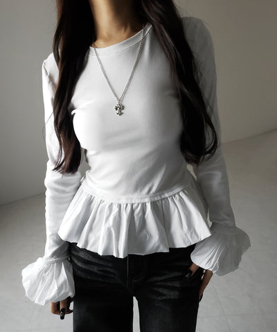 【 ２color 】裾バルーンフリルカットソートップス ／ hem balloon frill cutsew tops