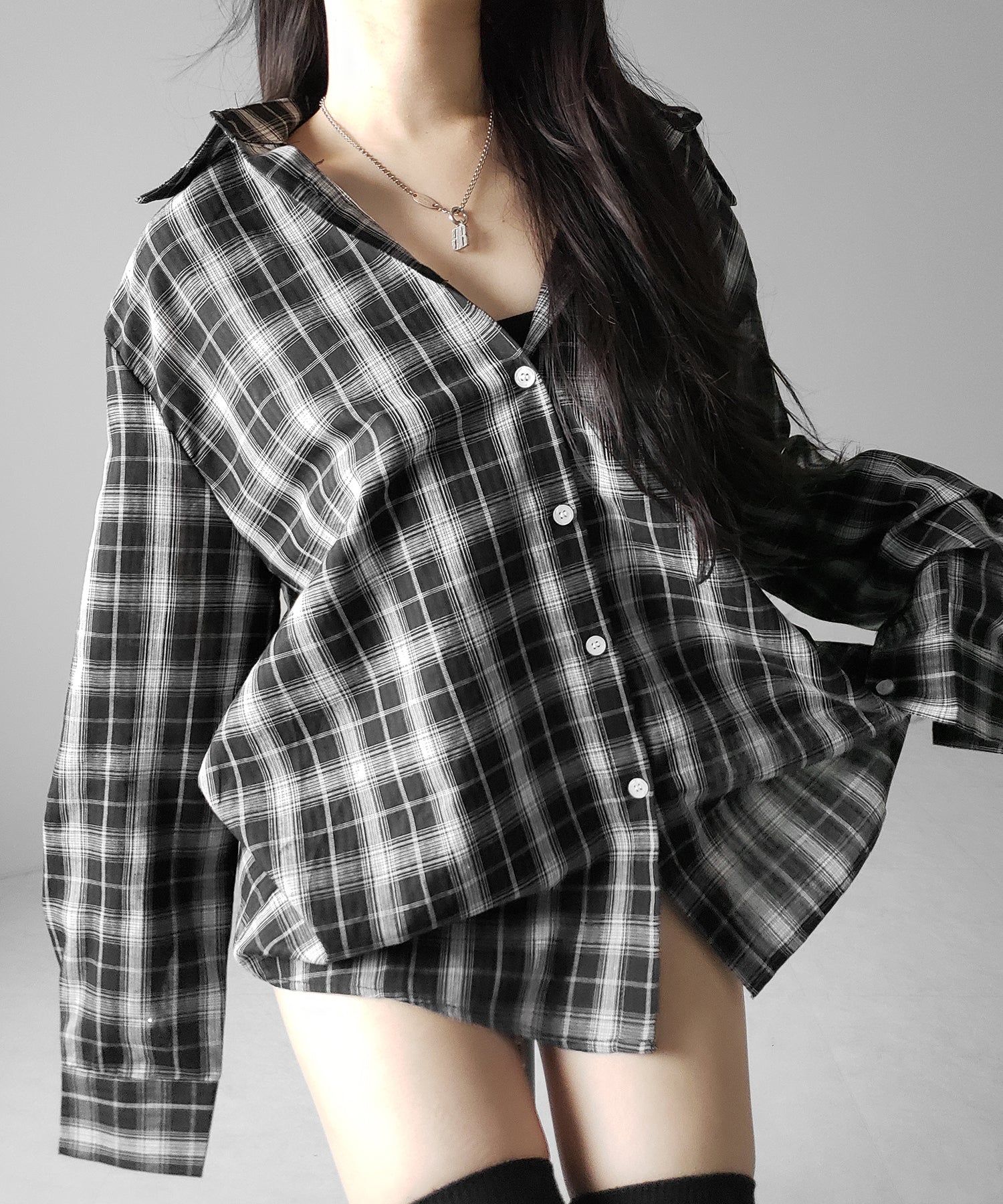 ビッグシルエットブラックシアーチェックシャツ ／ big silhouette black sheer check shirt