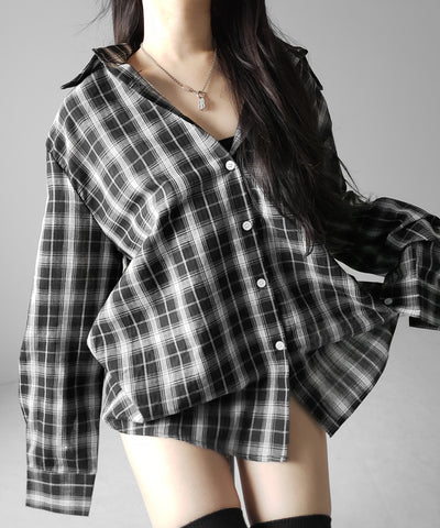 ビッグシルエットブラックシアーチェックシャツ ／ big silhouette black sheer check shirt