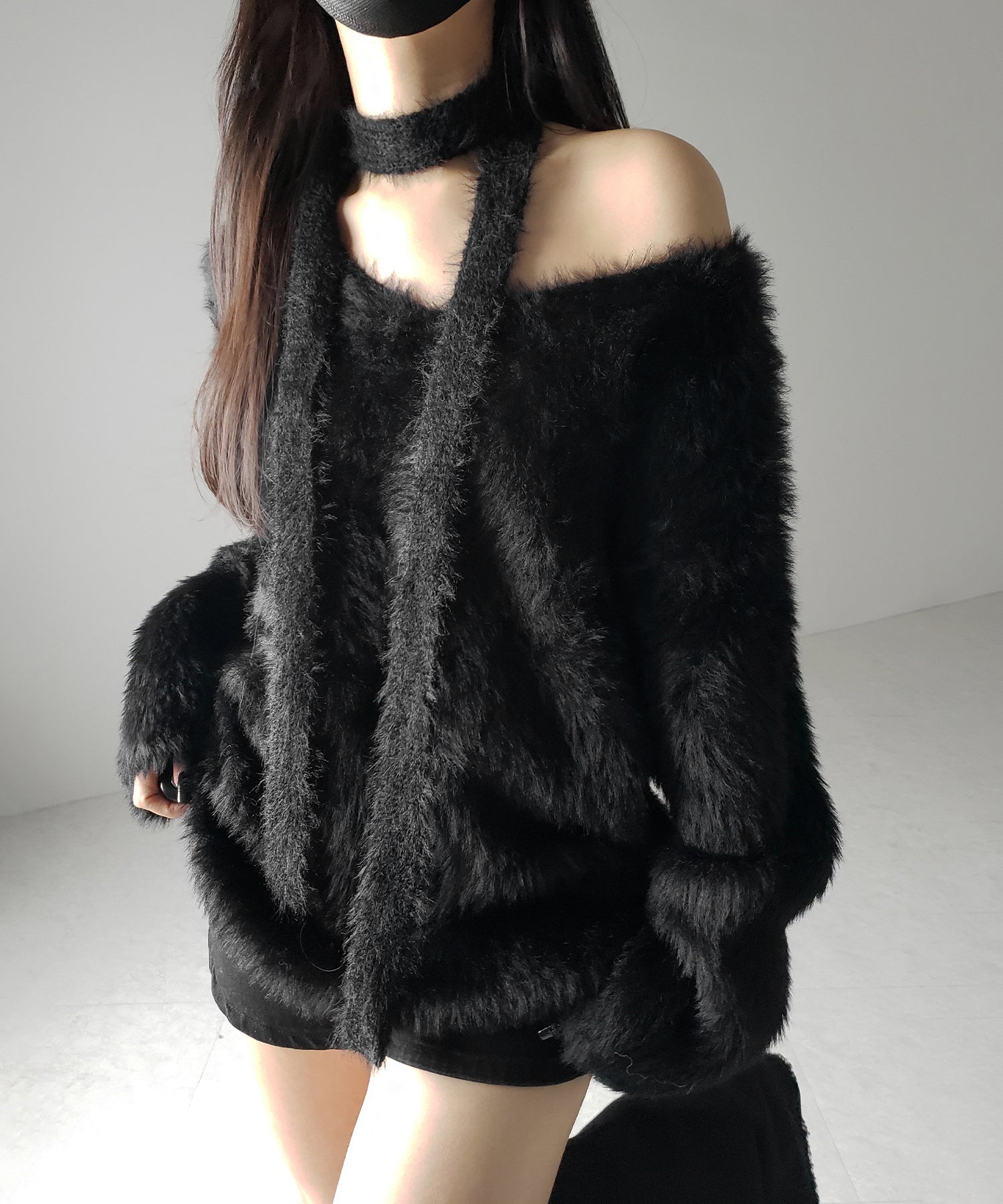 【 ２color 】チョーカータイ付きルーズシャギーニット ／ choker tie set loose shaggy knit