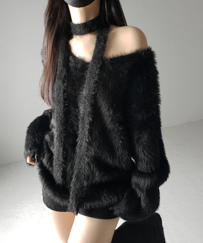 【 ２color 】チョーカータイ付きルーズシャギーニット ／ choker tie set loose shaggy knit