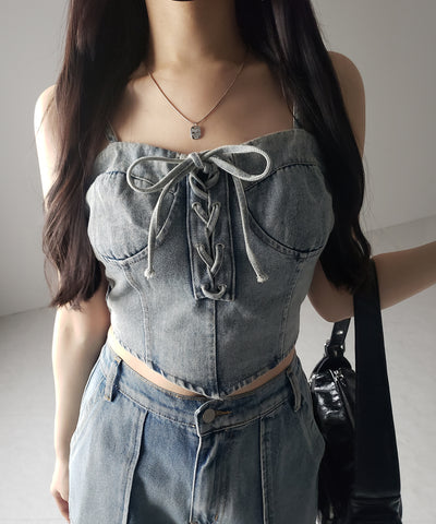 【 ２color 】レースアップリボンコルセットデニムビスチェ ／ lace up ribbon corset denim bustier