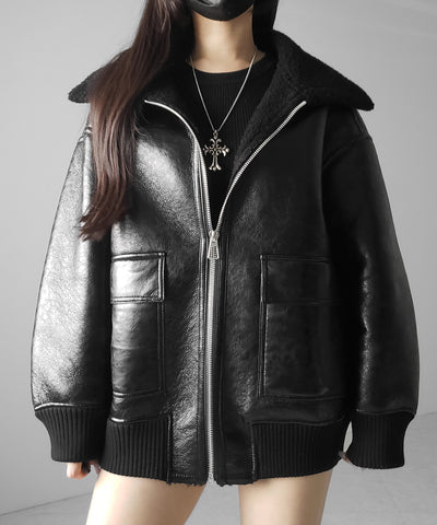 アウトポケットヴィンテージレザーボアムートンオーバージャケット ／ outpocket vintage fake leather boa mouton over jacket