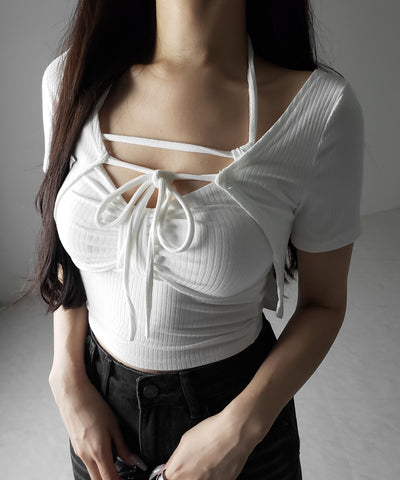 【 ２点セット 】 ２WAYストラップリブキャミソール ＋ フロントリボンショートカーディガン SET ／ 2WAY strap lib camisole + front ribbon short cardigan