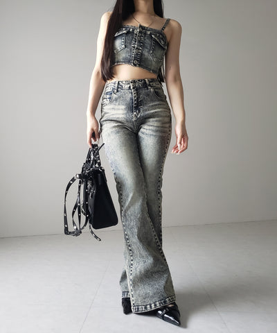 【 セットアップ 】ヴィンテージライクデニムビスチェ ＋ ストレッチフレアデニム SET ／ 【 SET UP 】 vintage like denim bustier + stretch flare denim