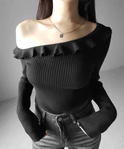 ワンショルフリルタイトリブニットトップス ／ one-shoulder frill tight rib knit tops