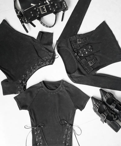 ヴィンテージサイドレースアップカットアウト半袖ショートTシャツ ／ vintage side lace up cutout short short sleeve T-shirts