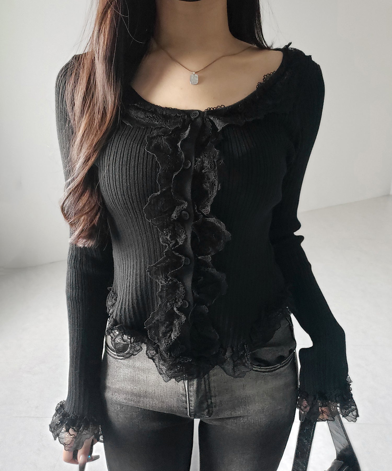 【 ３color 】レースフリルドッキングリブニットカーディガン ／ lace frill docking rib knit cardigan