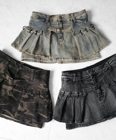 【 インパン裏地付 】ベルテッドマイクロプリーツデニムミニスカパン ／ belted micro pleats denim skirt pants