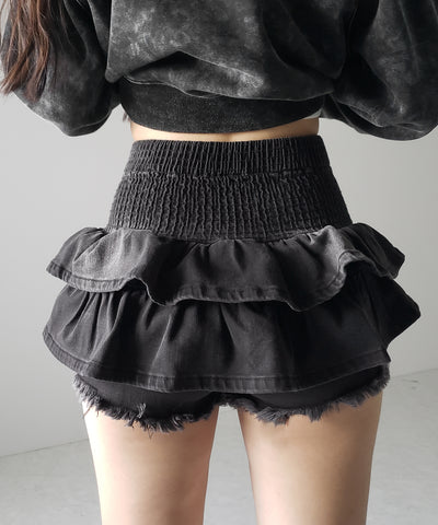 【 ２color 】ベルテッドフリルヴィンテージデニムミニスカパン ／ Belted frill vintage denim mini skirt pants