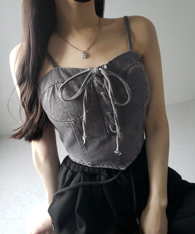 【 ２color 】レースアップリボンコルセットデニムビスチェ ／ lace up ribbon corset denim bustier
