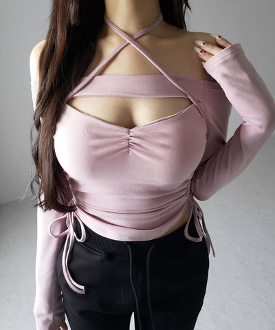 【 新色ピンク追加！ ／ ２WAY 】クロスストラップリボンカットアウトオフショルトップス ／ cross strap ribbon cutout offshoulder tops