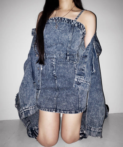 【 セットアップ着用可能 】ヴィンテージケミカルブリーチストラップデニムキャミワンピース ／ vintage chemical bleach strap denim cami onepiece