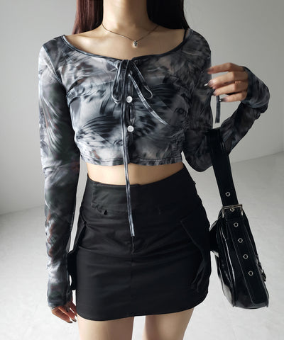 【 ３color ／ ２WAY 】クロスストラップリボンシアーショートカーディガン ／ cross strap ribbon sheer short cardigan