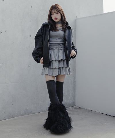 【 ２color 】バックリボン刺繍ヴィンテージライクフェイクレザーブルゾン ／ back ribbon vintage like fake leather blouson