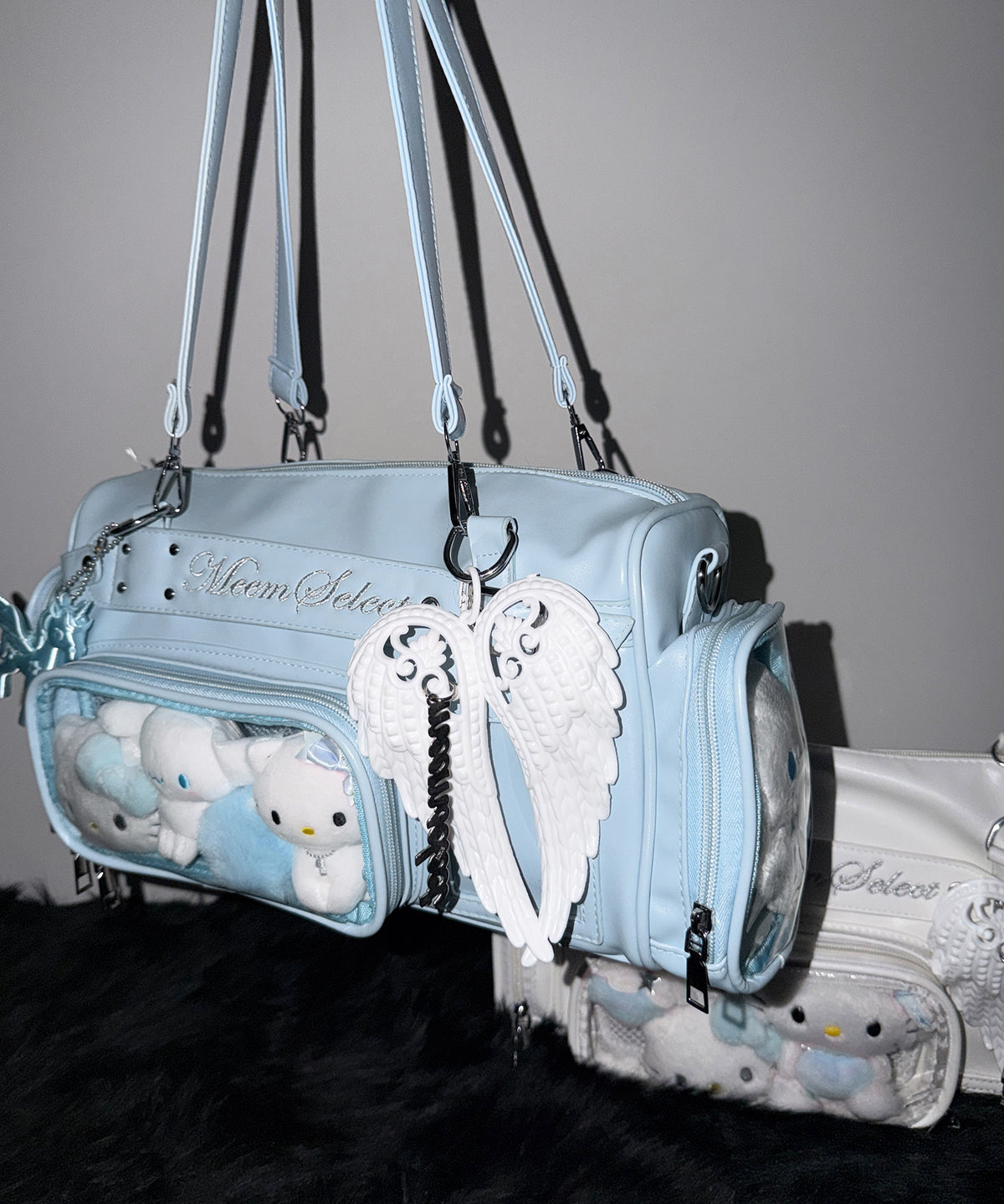 クリアポケット付きレタリング刺繍ショルダーバッグ ／ clear pocket lettering embroidery shoulder bag