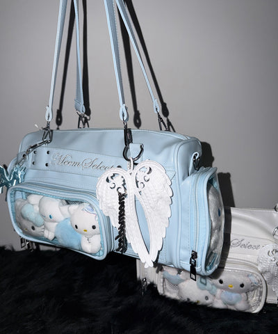 クリアポケット付きレタリング刺繍ショルダーバッグ ／ clear pocket lettering embroidery shoulder bag