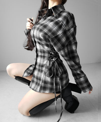 レースアップリボンスリムラインチェックネルシャツ ／ lace up ribbon slim line check flannel shirt