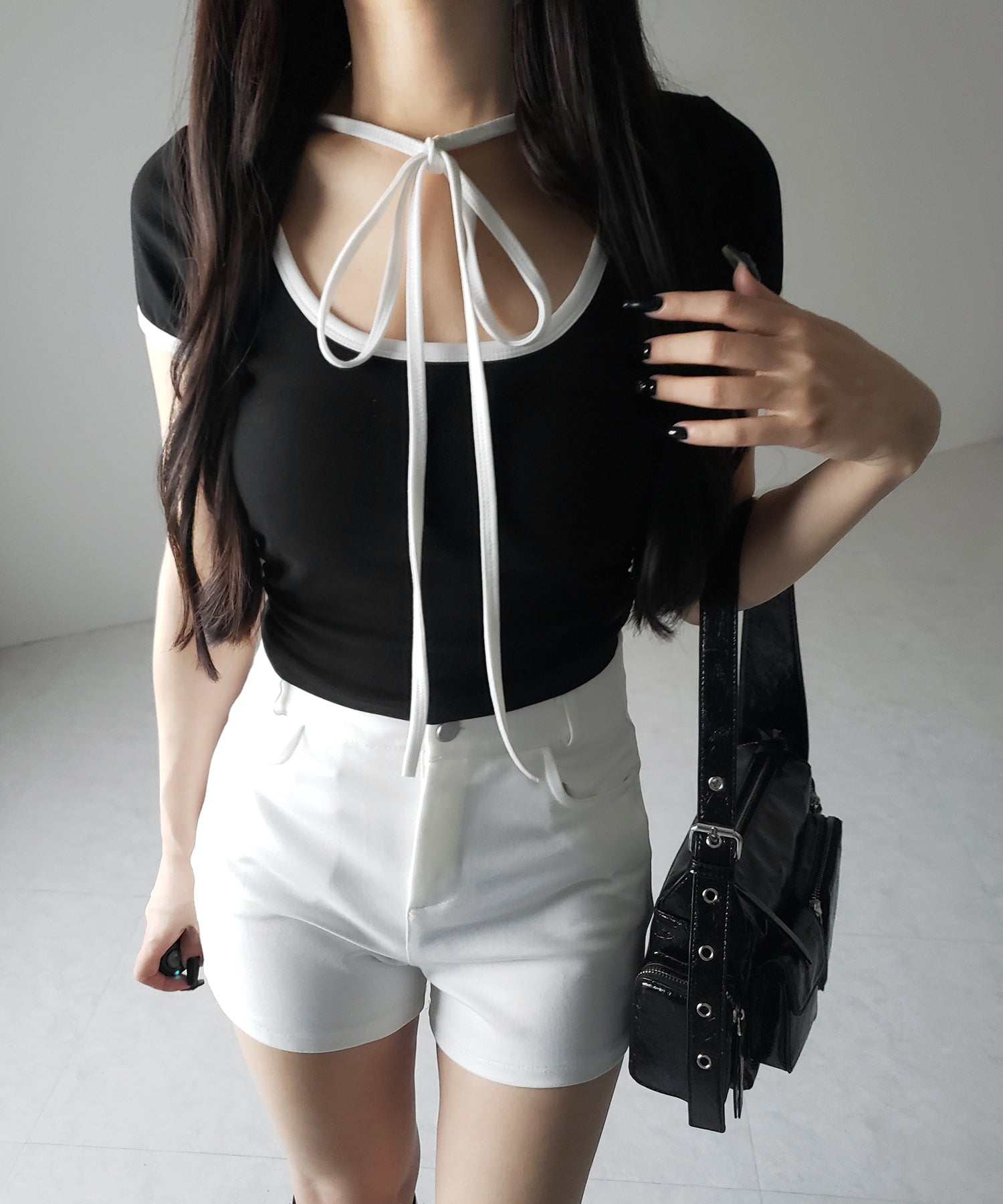 【 ２WAY ／ ２color 】配色ネックリボンチョーカーパイピングＴシャツ ／ bicolor neck ribbon choker piping T-shirt