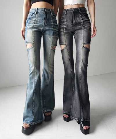 【 ２color ／ ３size 】カットアウトヴィンテージストレッチフレアデニム ／ cutout vintage stretch flare denim