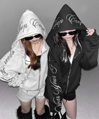 【 セットアップ 】レタリングロゴ刺繍ジップアップパーカー＆ショートパンツ ／ lettering logo embroidery zip-up hoodie ＆ short pants SETUP