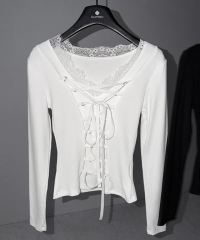 【 クロスネックにできる２WAY 】フロントリボンレースアップスリムカットソートップス ／ 2WAY front ribbon lace up slim cutsew tops