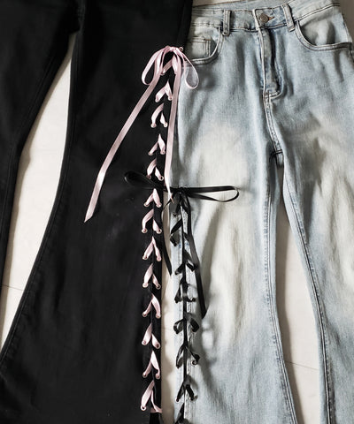 サテンリボンレースアップカットアウトストレッチフレアデニム ／ satin ribbon laceup cutout stretch flare denim