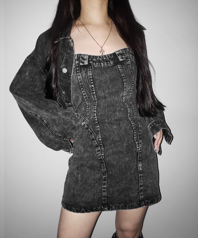 【 デニムセットアップ着用可能 】２WAYヴィンテージケミカルブリーチデニムベアミニワンピース ／ vintage chemical bleach denim bare mini onepiece