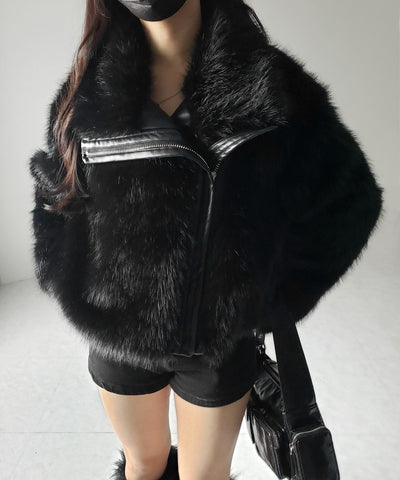 【 ２WAY 】ジップアップレザードッキングフェイクファーコート ／ zip up leather docking fake fur coat