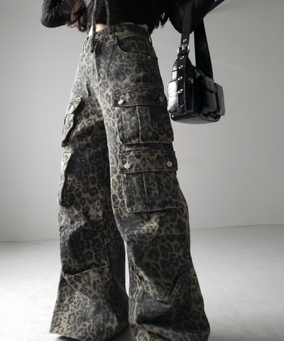 【 ２color ／ ４size 】レオパードヴィンテージタックワイドカーゴデニム ／ leopard vintage tuck wide cargo denim