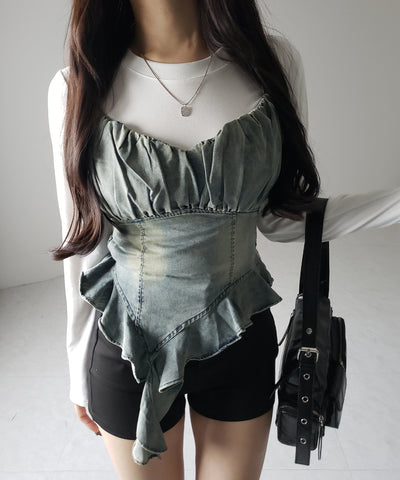 【 ２点セット 】ヴィンテージデニムビスチェ ＆ レイヤードＴシャツセット ／ vintage denim bustier & layered Ｔ-shirts set