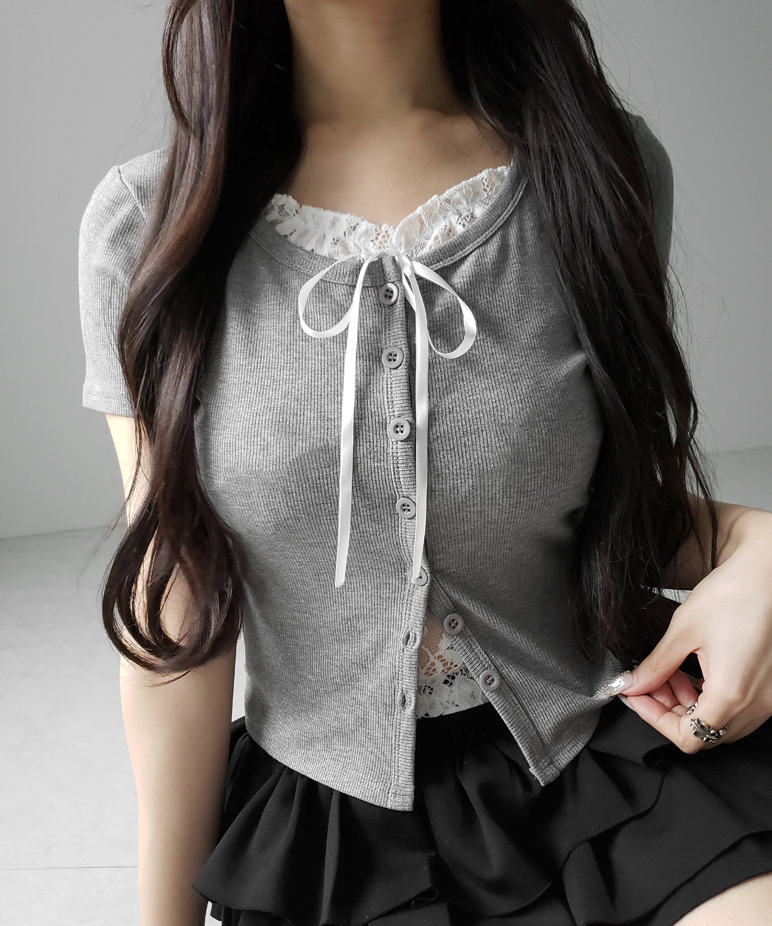 フロントリボンレースレイヤード半袖リブトップス ／front ribbon lace layered short sleeve rib tops