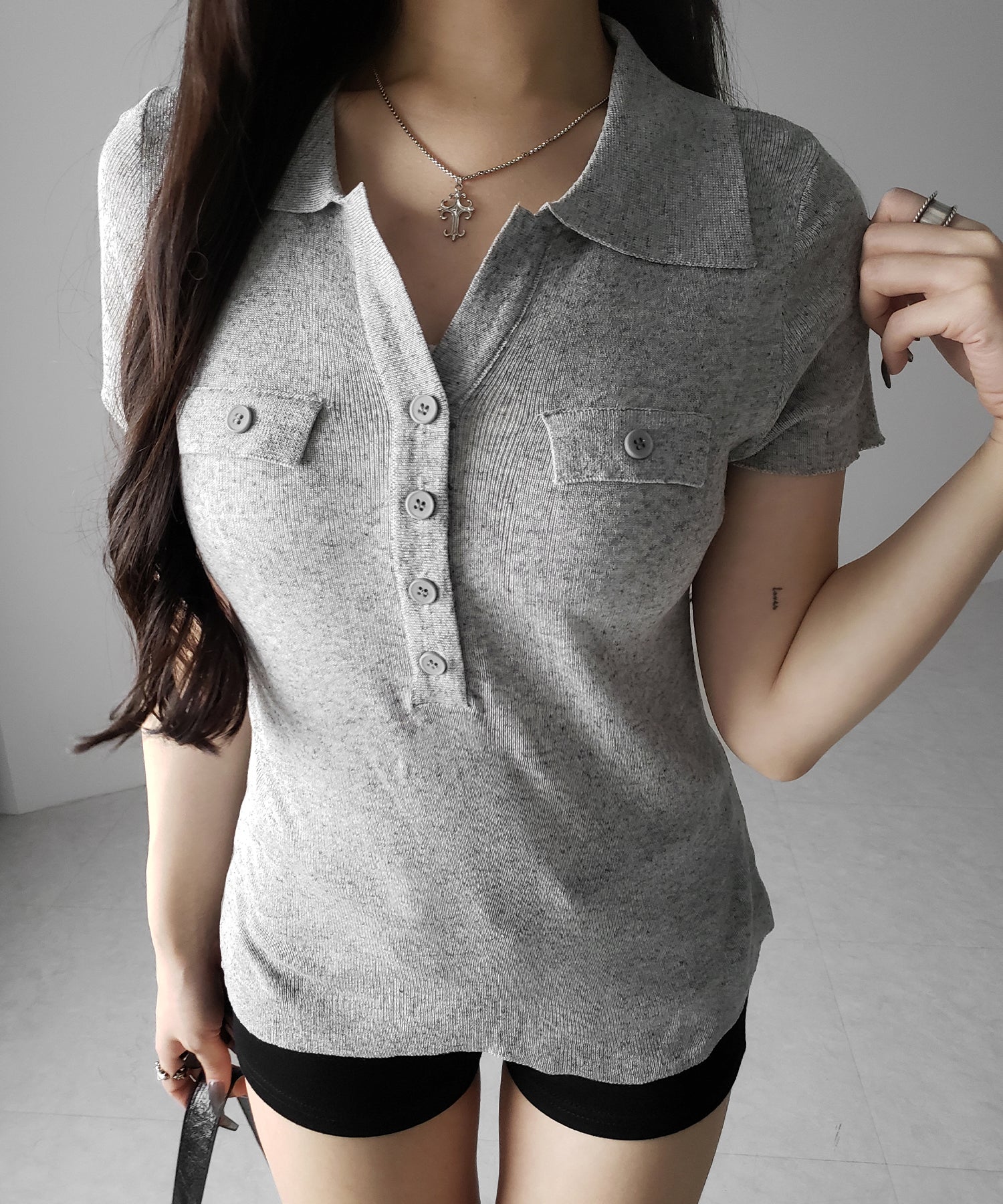 スキッパーボタンロングシアーニットトップス ／ skipper button long sheer knit tops
