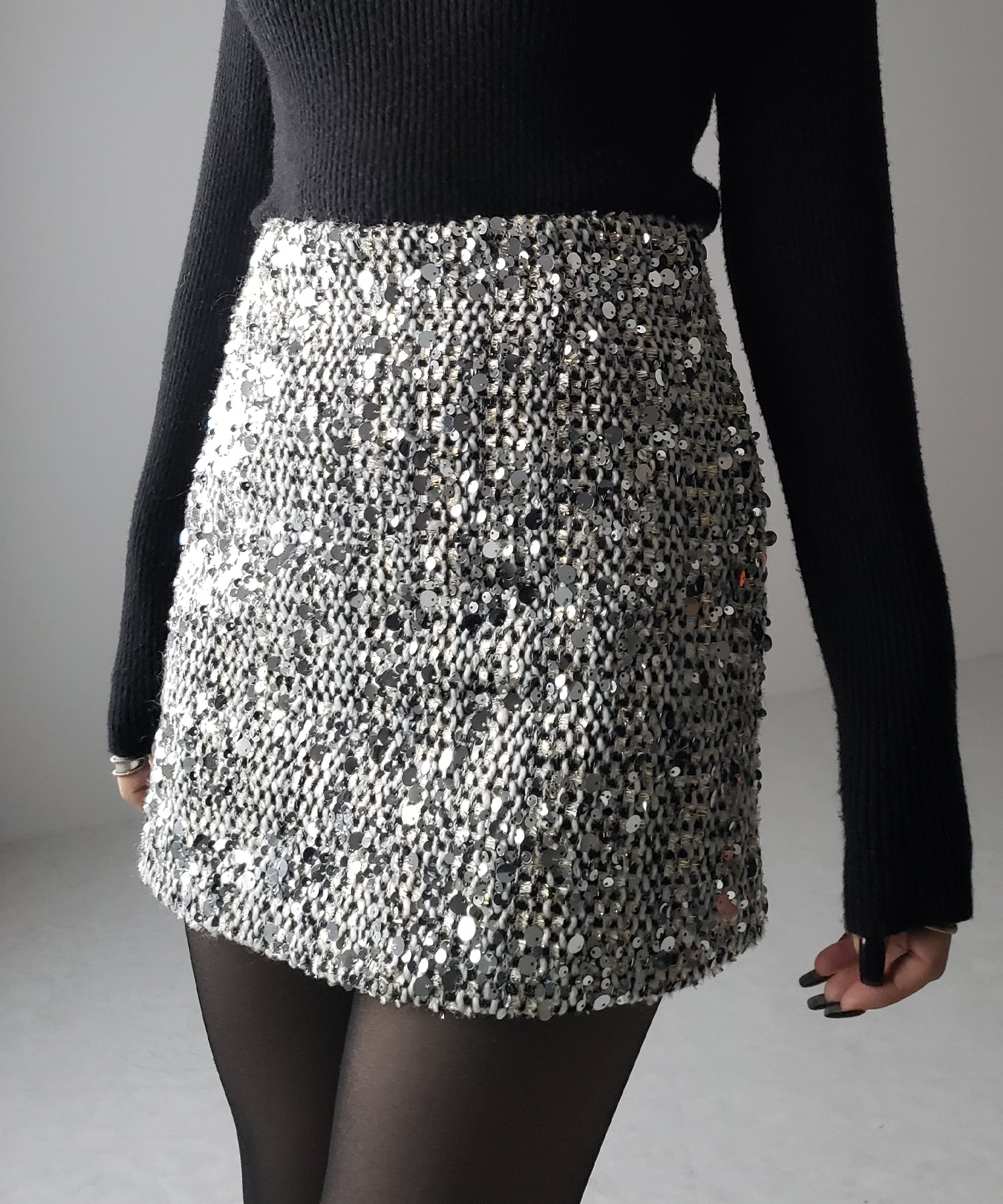 【 インパン裏地付 】スパングルツイードハイウエストミニスカート ／ Spangle tweed high waist mini skirt