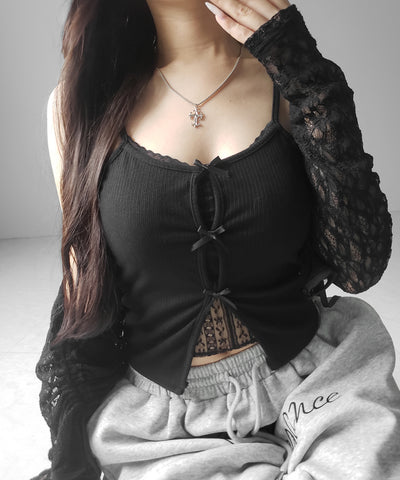 フロントリボンレースレイヤードリブキャミソール ／Front ribbon lace layered ribbed camisole