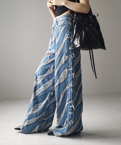 【 ２color ／ ４size 】バイカラーカットフリンジダメージワイドデニム ／ bicolor cut fringe damaged wide denim