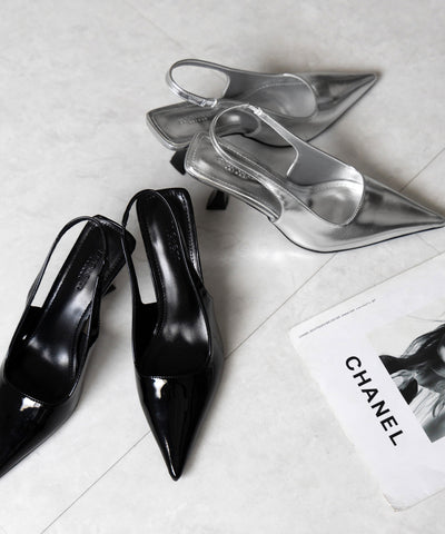 【 ２color 】ポインテッドトゥチャンキーヒールメタリックミュール ／ pointed toe chunky heel metallic mules