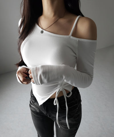 【 裏起毛 ／ カップ付 】サイドシャーリングリボンワンショルトップス ／ side shirring ribbon one shoulder tops