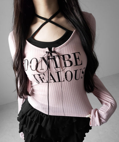 【 クロスネックにできる２WAY 】レースアップフェイクレイヤードロゴカットソートップス ／ laceup fake layered logo cutsew tops