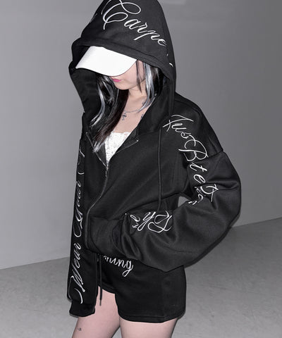 【 セットアップ 】レタリングロゴ刺繍ジップアップパーカー＆ショートパンツ ／ lettering logo embroidery zip-up hoodie ＆ short pants SETUP