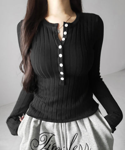 スリムフィットヘンリーネックリブトップス ／ slim fit henley neck ribbed tops